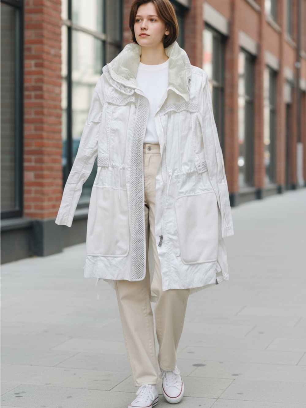 Elie Tahari White Mesh-Trim Trench Coat